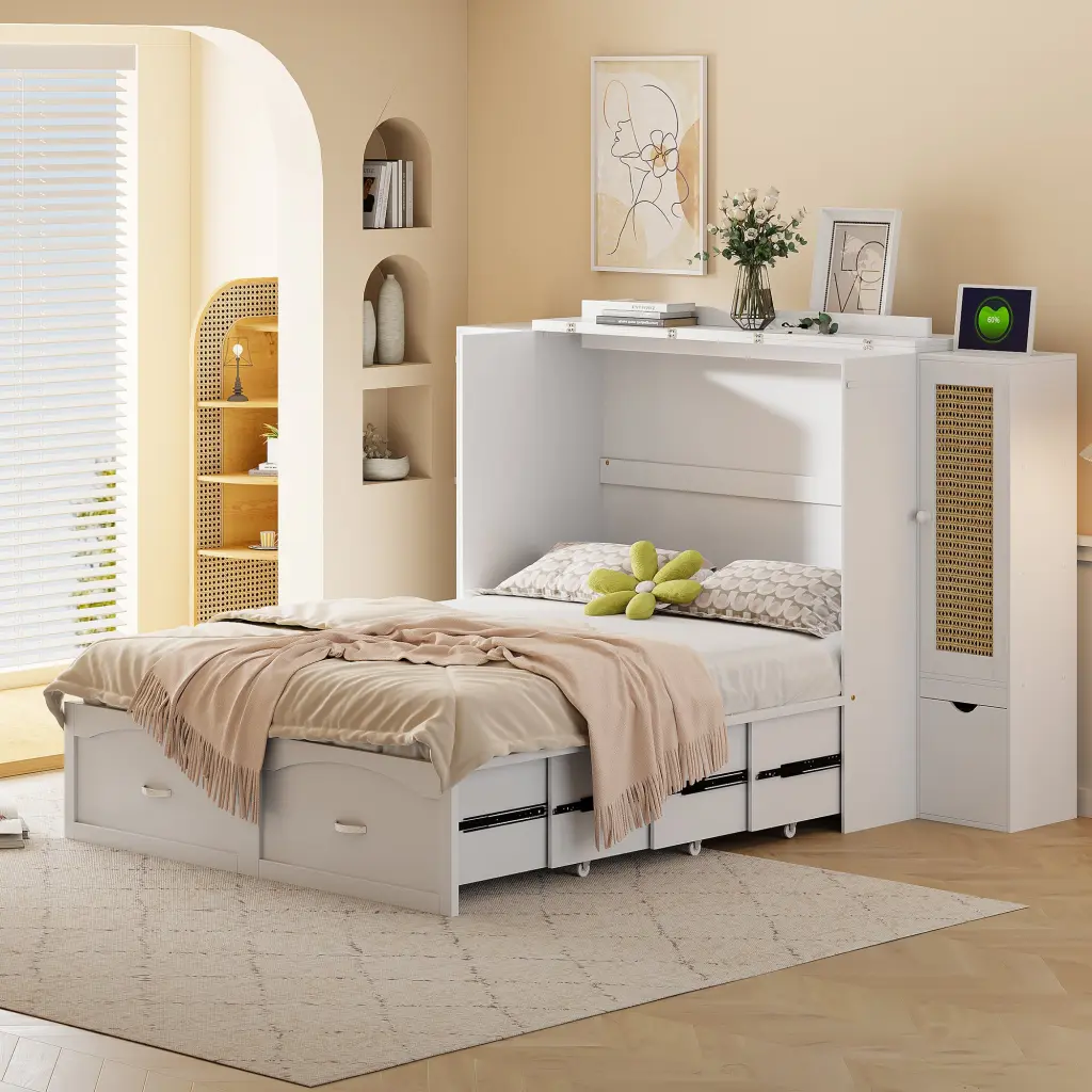 Full Dimensions Murphy Bed Wall Bed Drawer and Rattan Decoration lucky furniture