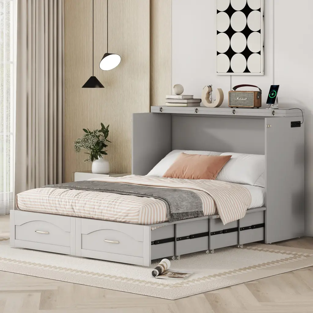 Full Murphy Bed Wall Bed Built- Drawer and USB Power Outlets Space-Saving Design lucky furniture
