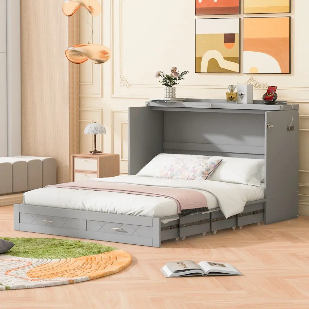 Full Size Murphy Bed Wall Bed Drawer and Set Sockets USB Ports lucky furniture