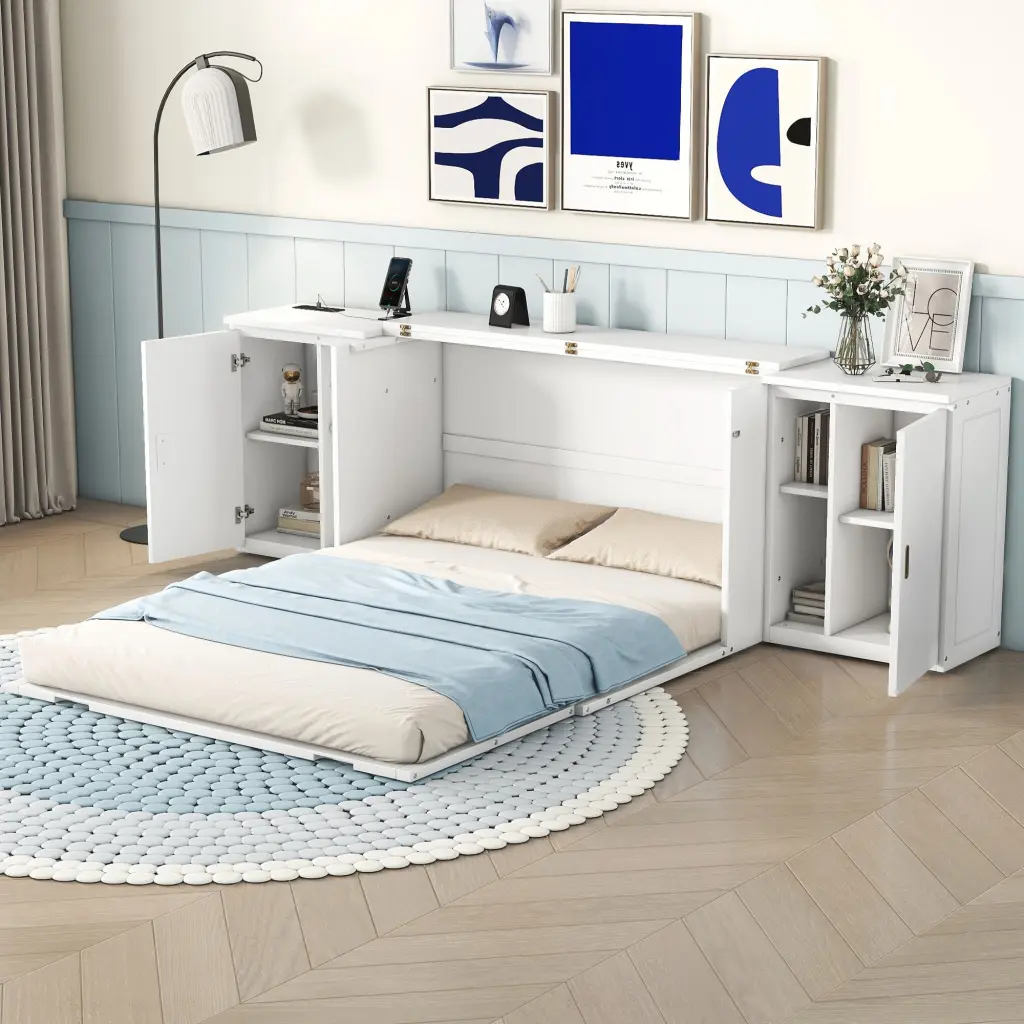 Queen Dimensions Murphy Bed Shelves Cabinets USB Ports White Wall Bed Space Saving Foldable Bed lucky furniture