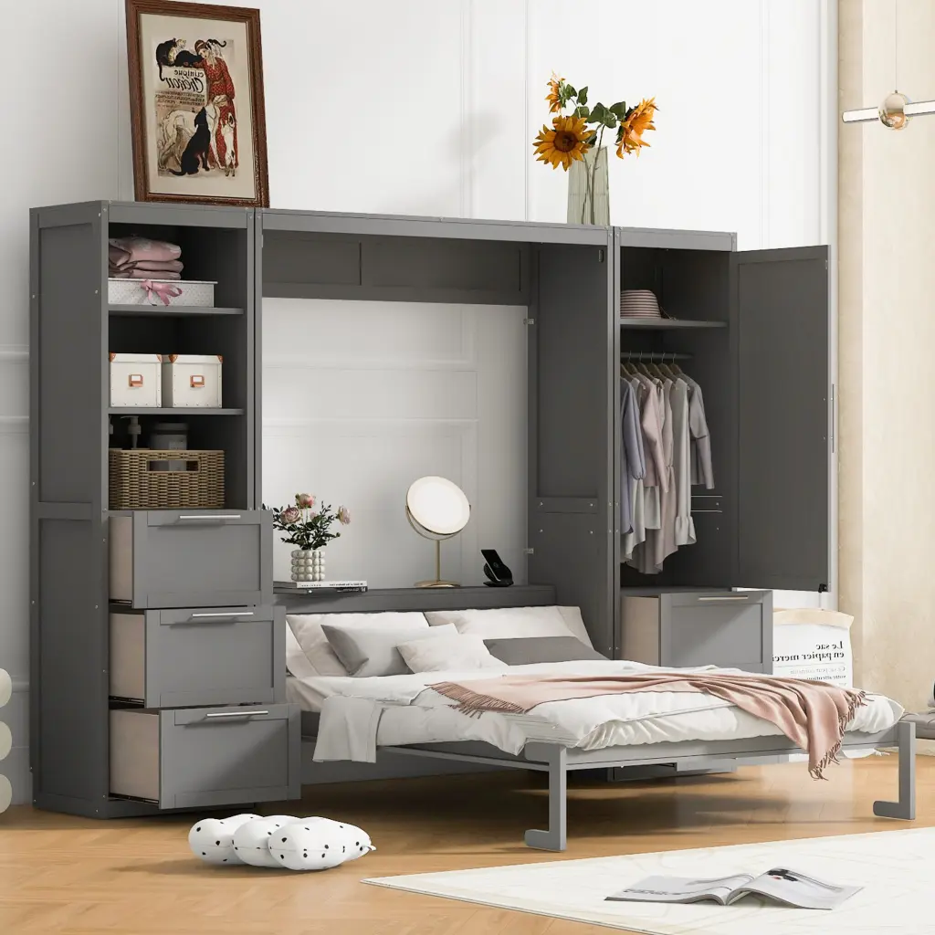 Queen Size Murphy Bed Wall Bed Closet Drawers And Shelves Gray Space Saving Furniture lucky furniture