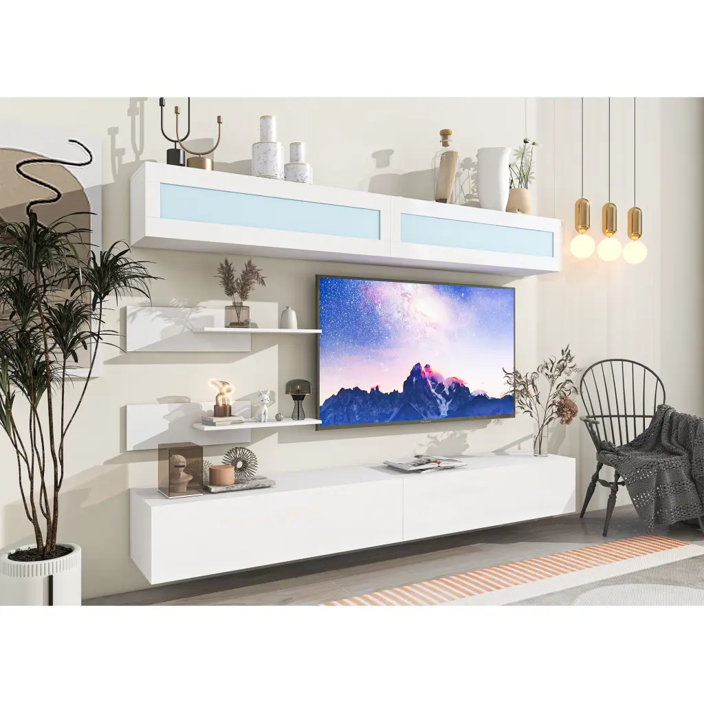ON-TREND Wall Mount Floating TV Stand Storage Cabinets Shelves and RGB LED Lights 95+ Inch TVs White OMCCHK