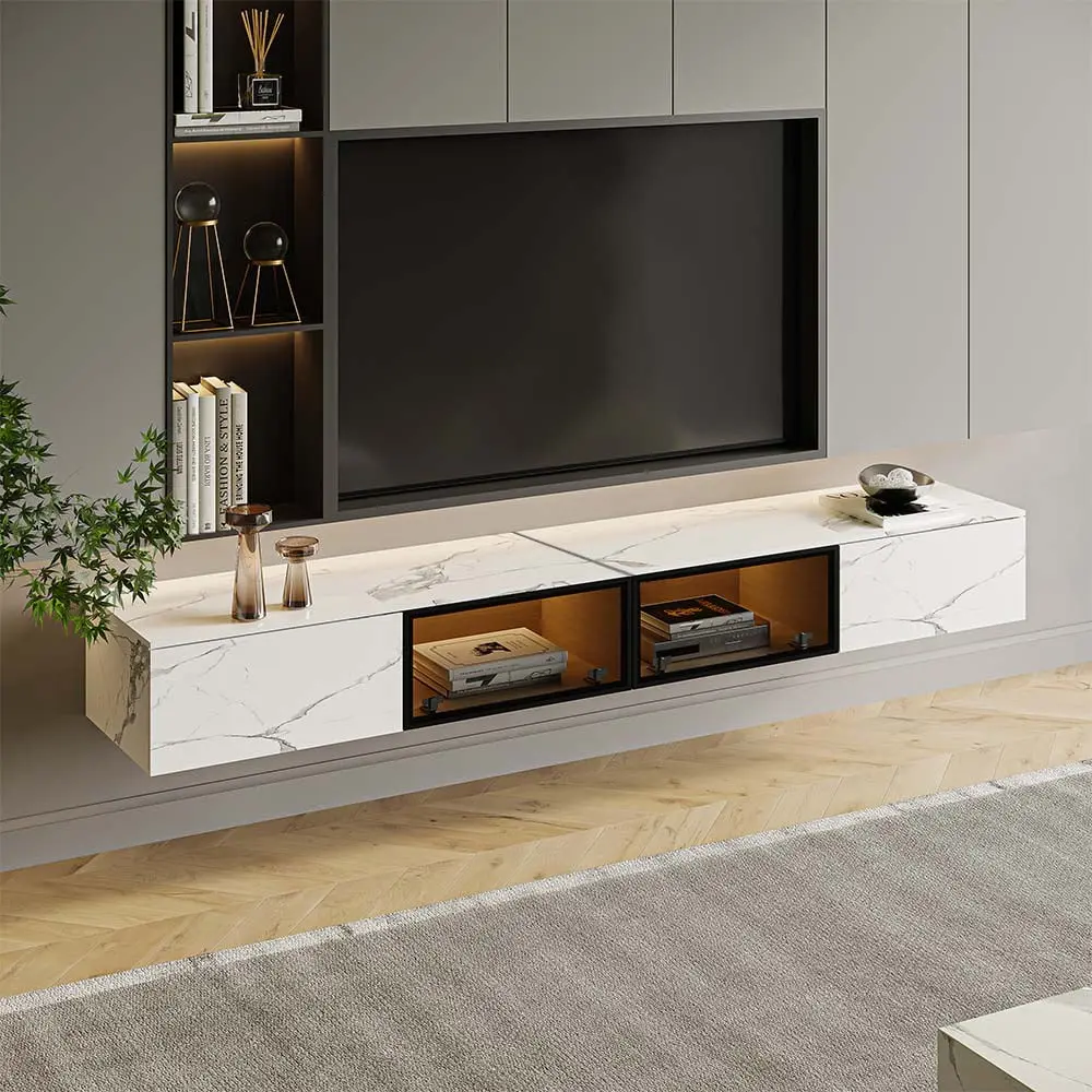 POVISON 86 Inch Floating Wall Mount TV Stand Motion Sensor LED White Stone Modern Hanging Cabinet