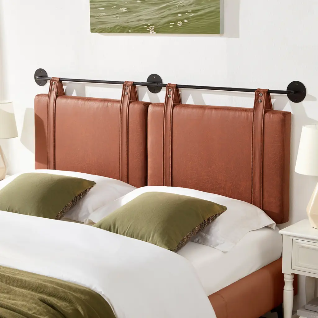 Wall Mounted Queen Headboard Brown Faux Leather Straps Modern Bed Frame xichen indoor furniture co.- ltd
