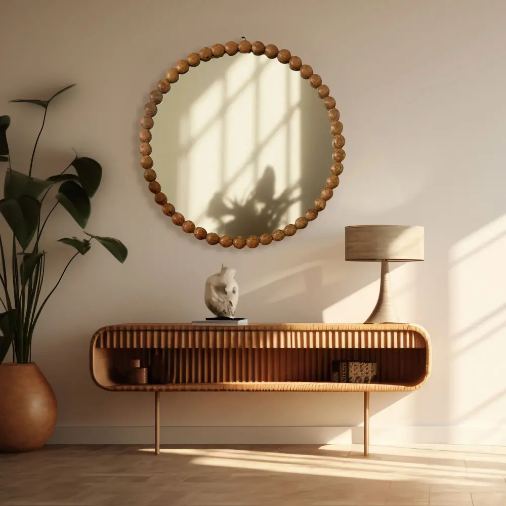 Decorative Round Hanging Wall Mirror Bead Design Frame - Untreated