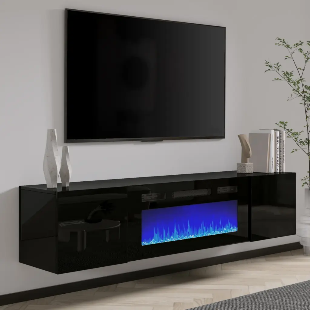 Amerlife Floating TV Stand 36 Electric Fireplace TVs Up to 78 Inches High Gloss Black