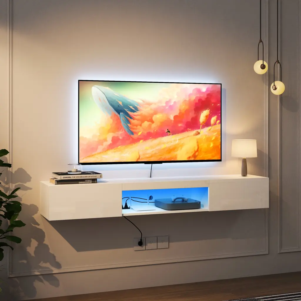 Canddidliike White Wall Mounted LED TV Stand Media Console up to 70 Inch TVs