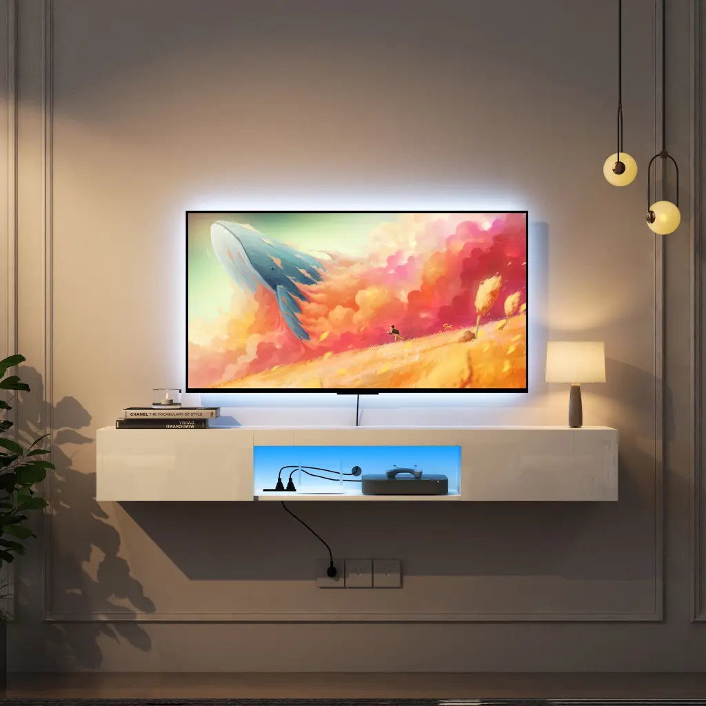 Floating TV Stand Wall Mounted 20 Color LEDs 63 Inch Modern TV Stand dasenwood