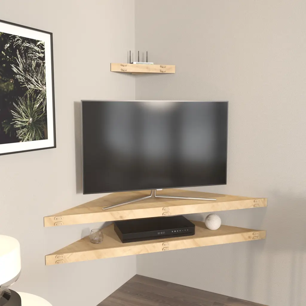 Mensi 47 Inch Floating Corner Wall TV Cabinet Stand up to 60 Inch TVs Natural Oak Finish Decorotika