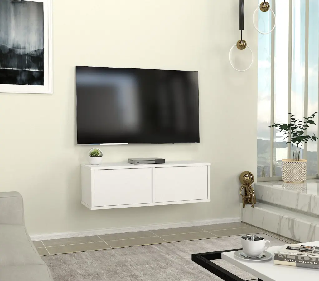 DORPEK Floating TV Stand TVs up to 40 Inches - Modern Wall Mounted Media Stand 2 Storage Cabinets - White Bourne Design