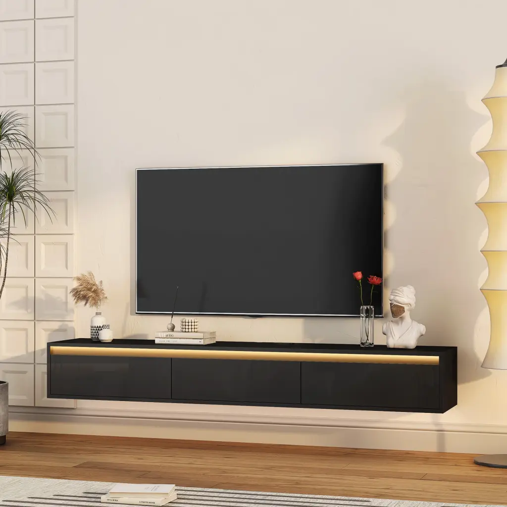 Floating TV Stand Wall Mounted LED Lights and Power Outlet - High Gloss TV Cabinet Living Room Elena Store