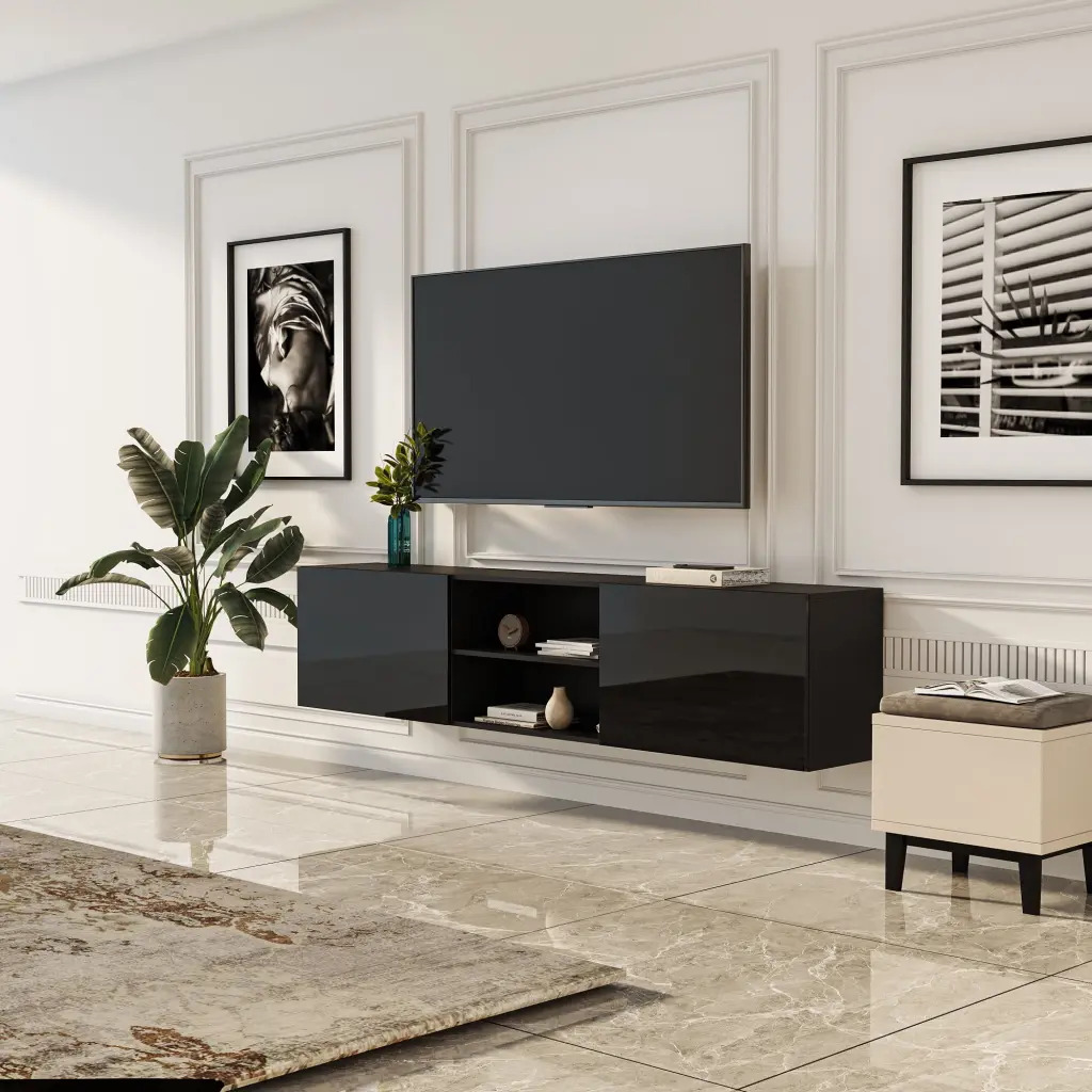 Ktaxon Floating TV Stand Wall Mounted Entertainment Center Shelf and Clamshell Doors Modern High Gloss TV Cabinet Fits TVs...