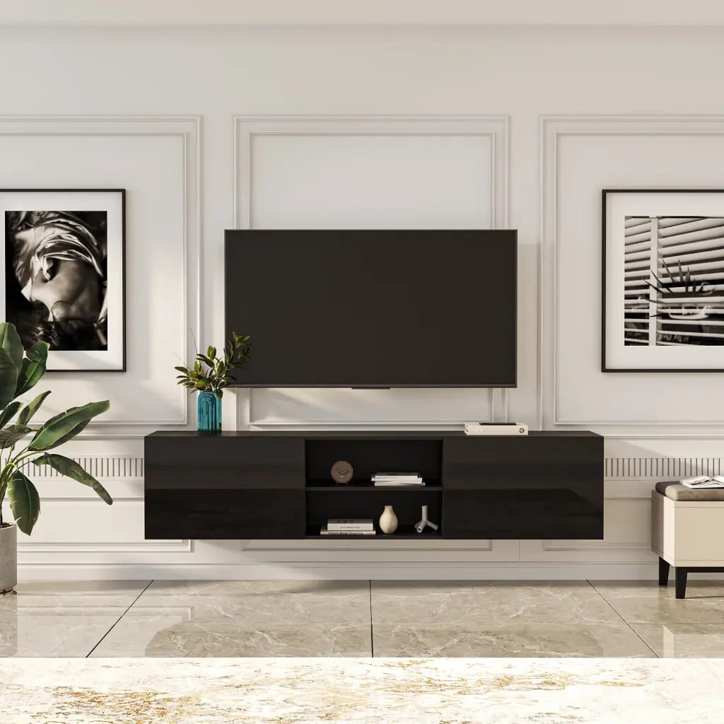 Zimtown Wall Mounted TV Media Console Cabinet Shelf and Clamshell Doors - 79 Inch Modern TV Stand Fits TVs Up to 90 Black FCH