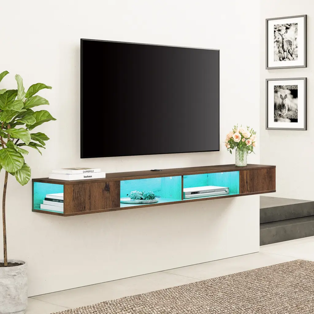 Floating TV Stand Wall Mounted 16-Color Lights 65/75/80 Inch TVs - Brown Entertainment Center Storage Shelf FITUEYES