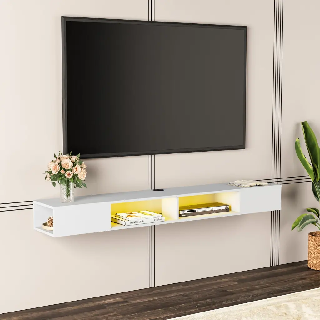 Floating TV Stand Wall Mounted Yellow Lights 65-80 Inch TVs White Entertainment Center FITUEYES