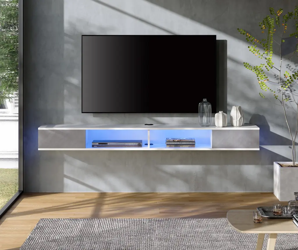 70 Inch TV Stand Blue Lights Wall Mounted Entertainment Center Media Console Cabinet FITUEYES