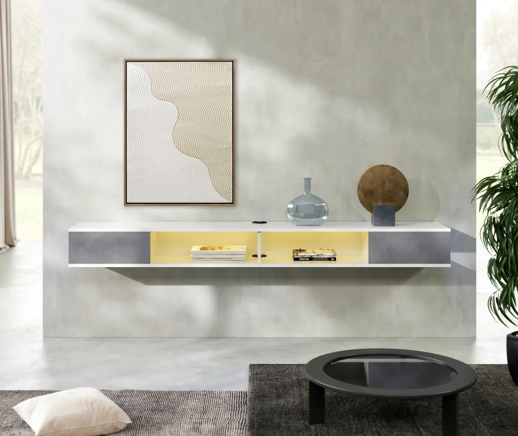 70 Inch TV Stand Yellow Lights Wall Mounted Entertainment Center Media Console Cabinet FITUEYES