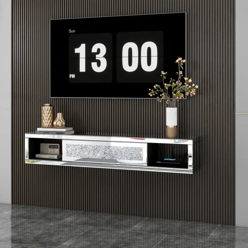Modern Mirrored Gemstone Finish Floating Wall Mounted TV Stand Shiny Metal glam furniture
