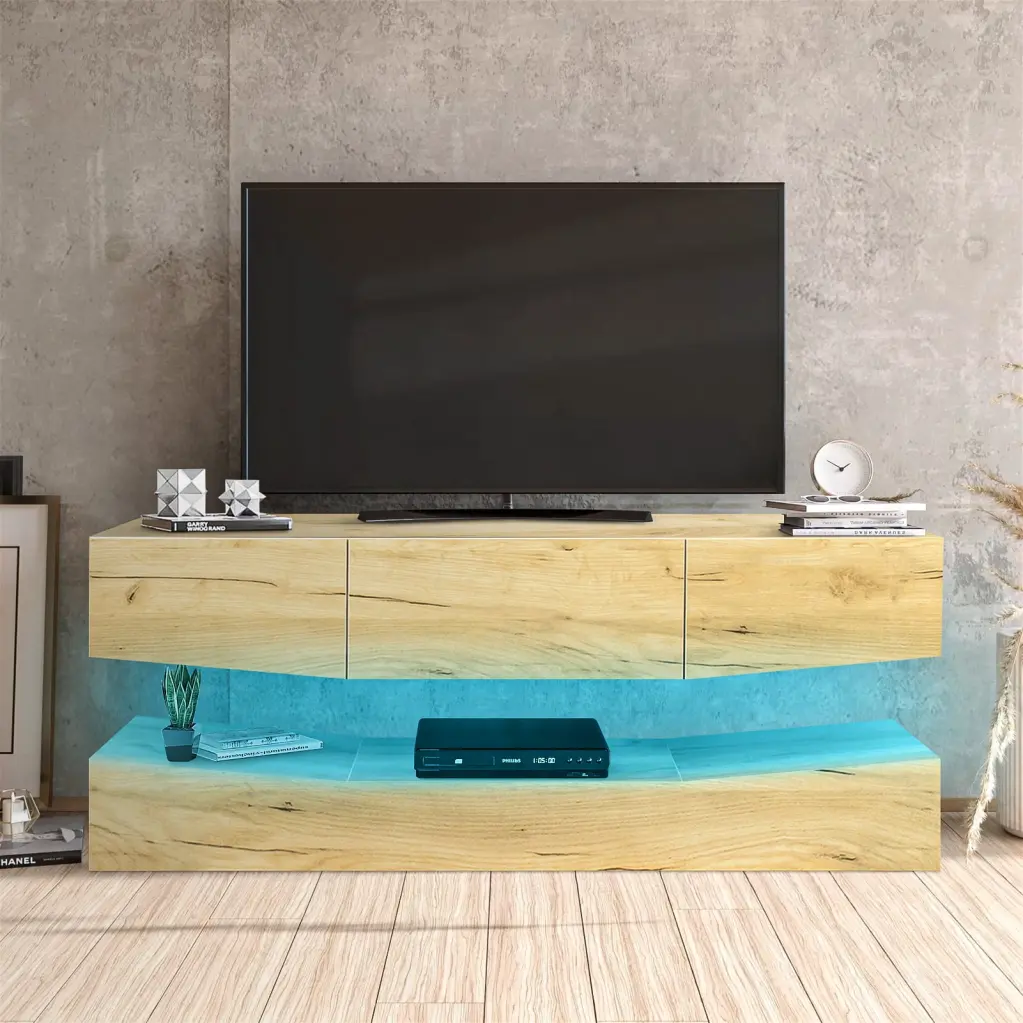 Modern Floating LED TV Stand 55 Inch TVs 3 Large Drawers Oak Lecut