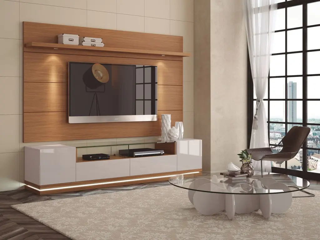 Manhattan Comfort Vanderbilt TV Stand and Cabrini 2.2 Floating Wall TV Panel LED Lights Off White and Maple Cream