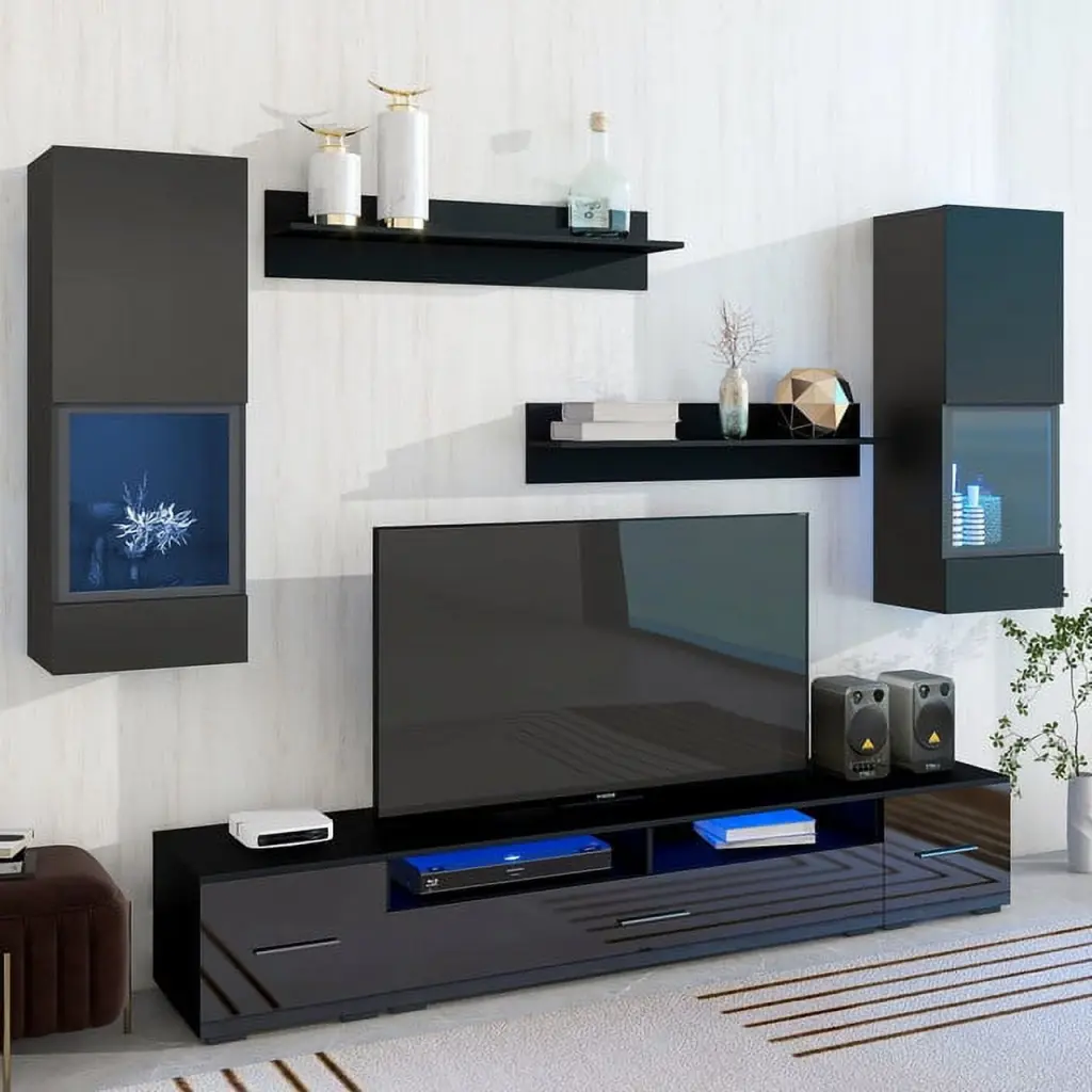 Minimalist 7-Piece Black Floating TV Stand Set 16-Color LED Strips 90+ Inch TVs Ponnky
