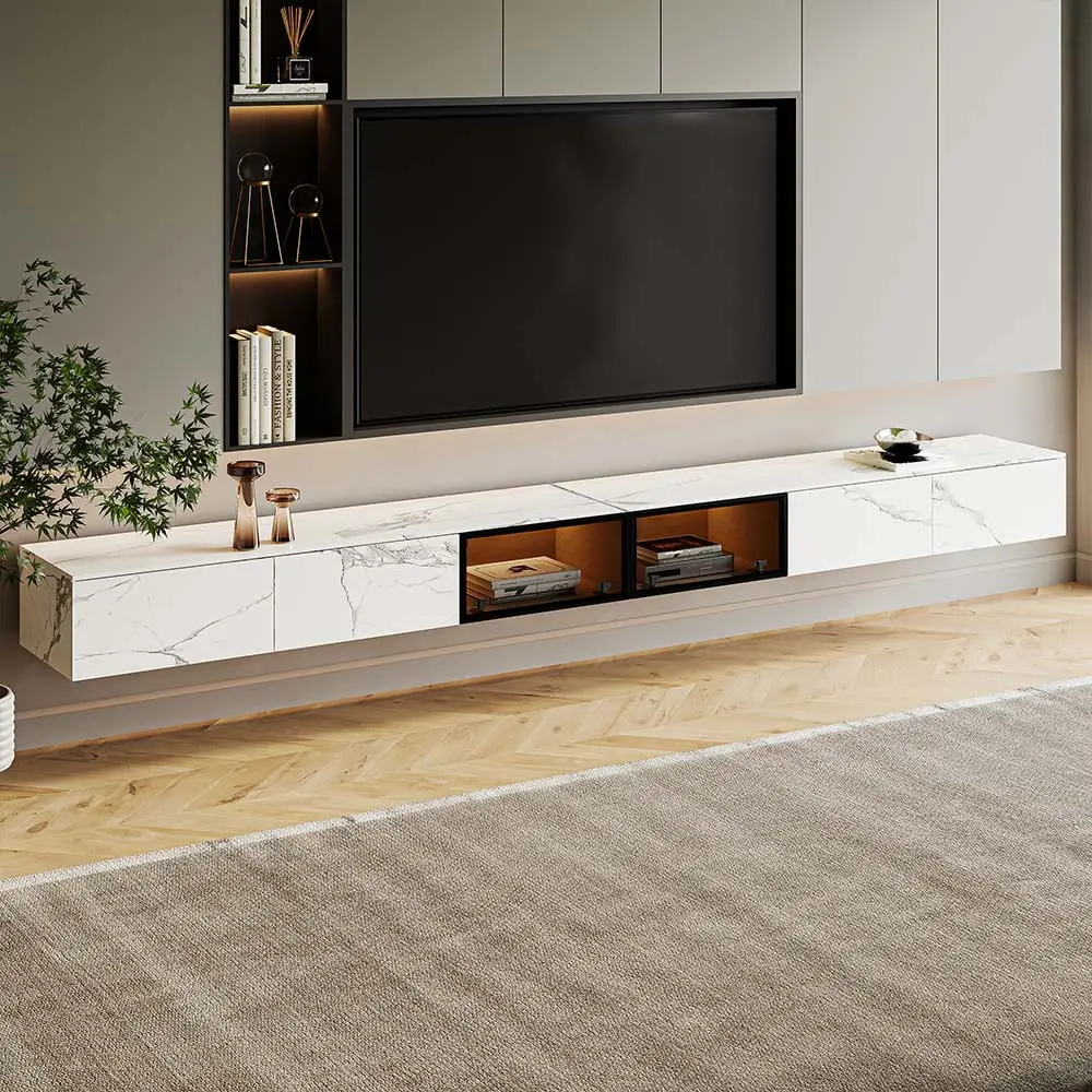 POVISON Floating Wall Hung TV Stand Modern Hanging Cabinet Motion Sensor LED 4 Flip-down Doors White Stone