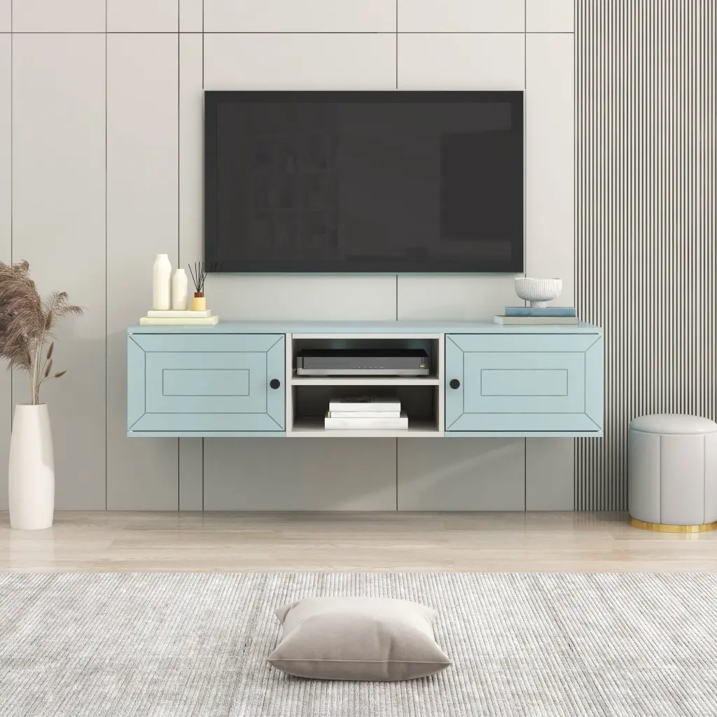 Floating Wall Mounted TV Stand 65 Inch TVs - Entertainment Center Magnetic Cabinet Doors and Cable Management SEALODY