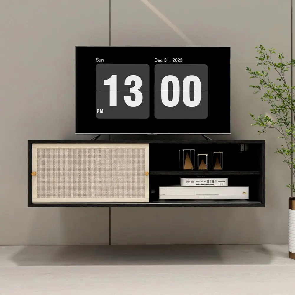 Tcbosik Modern Wall-Mounted Floating TV Stand Sliding Rattan Door 43 Inch Black