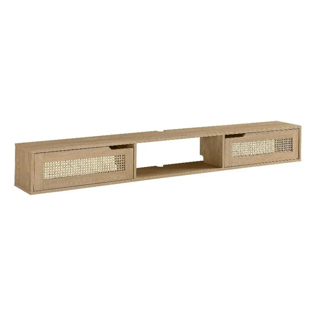 70 Inch Floating Wood TV Stand Rattan Doors Oak Walker Edison