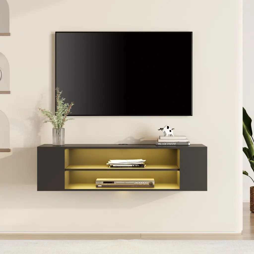 Yellow Light Floating TV Stand Adjustable Shelves Black 39.4 Inch Wamapat