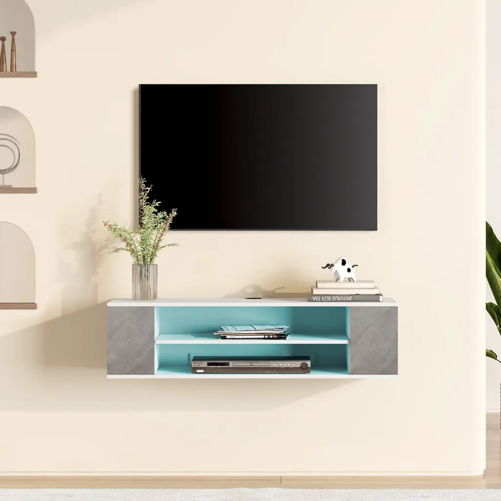 16-Color Light Floating TV Stand Wall Mounted Modern Media Storage Shelves WhiteGrey 39.3 Inch Wampat