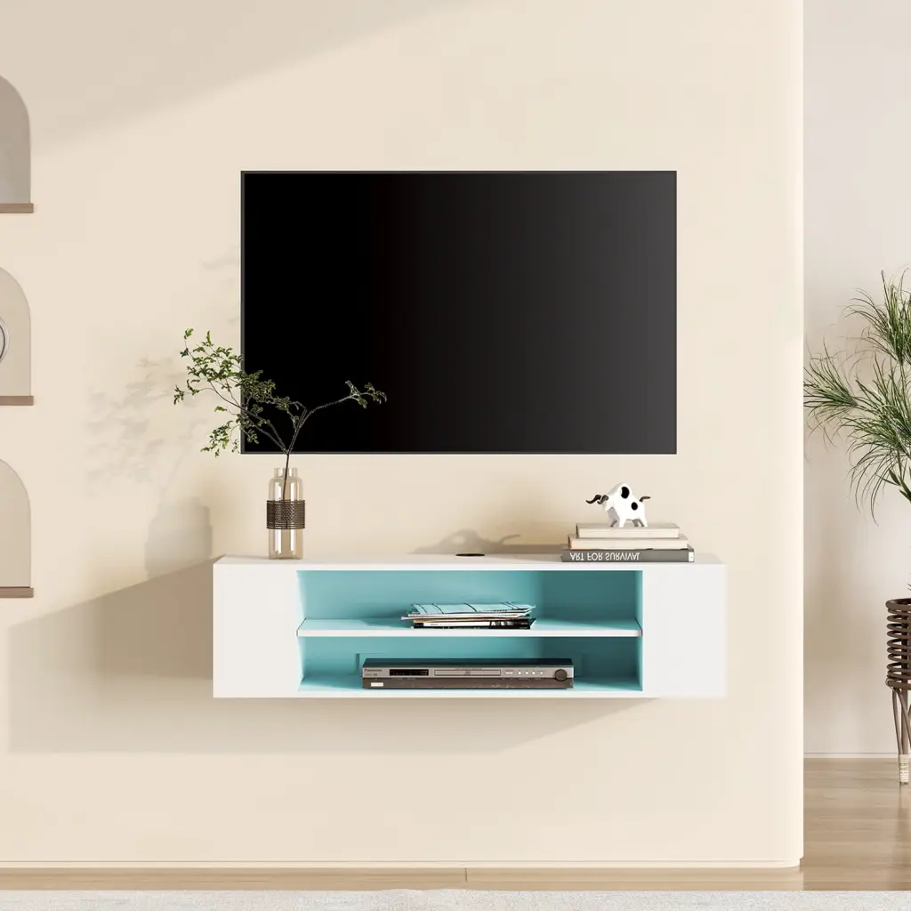 39.3 Inch Floating TV Stand Wall Mounted 16-Color LED Lights, Modern White Media Storage Shelf TVs Wampat