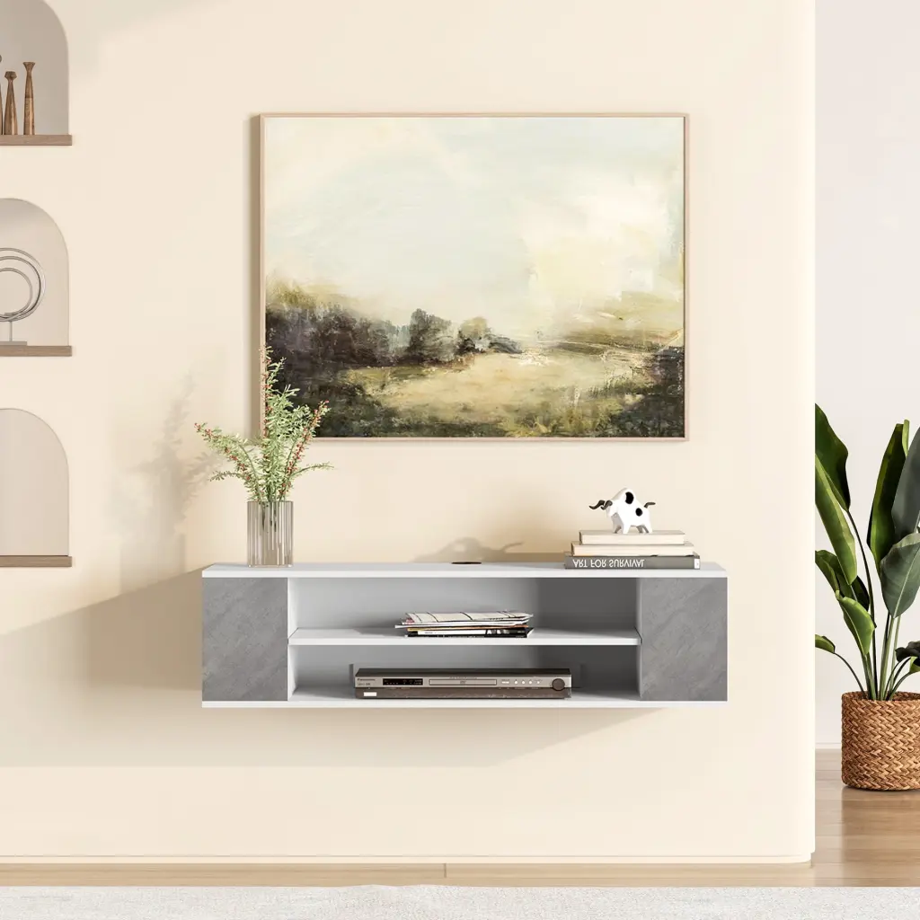 39.3 Inch GreyWhite Floating TV Stand Wall Mounted, Under TV Shelf Living Room Wampat