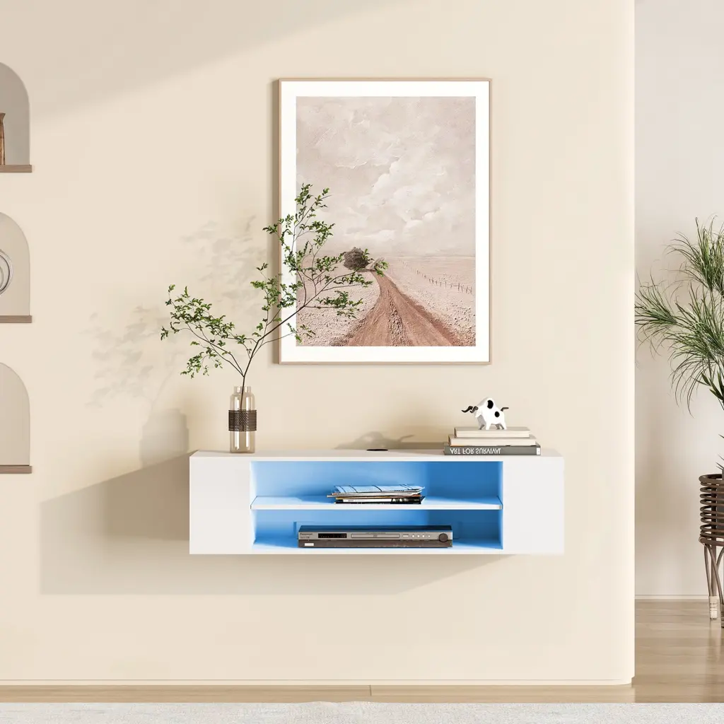 Blue Light Floating TV Stand Wall Mounted Modern Media Storage Shelves White 39.3 Inch Wampat