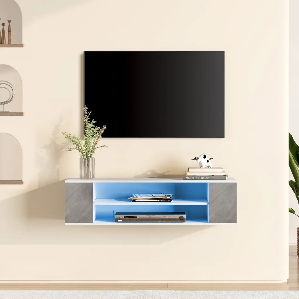 Blue Light Floating TV Stand Wall Mounted Modern Media Storage Shelves WhiteGrey 39.3 Inch Wampat
