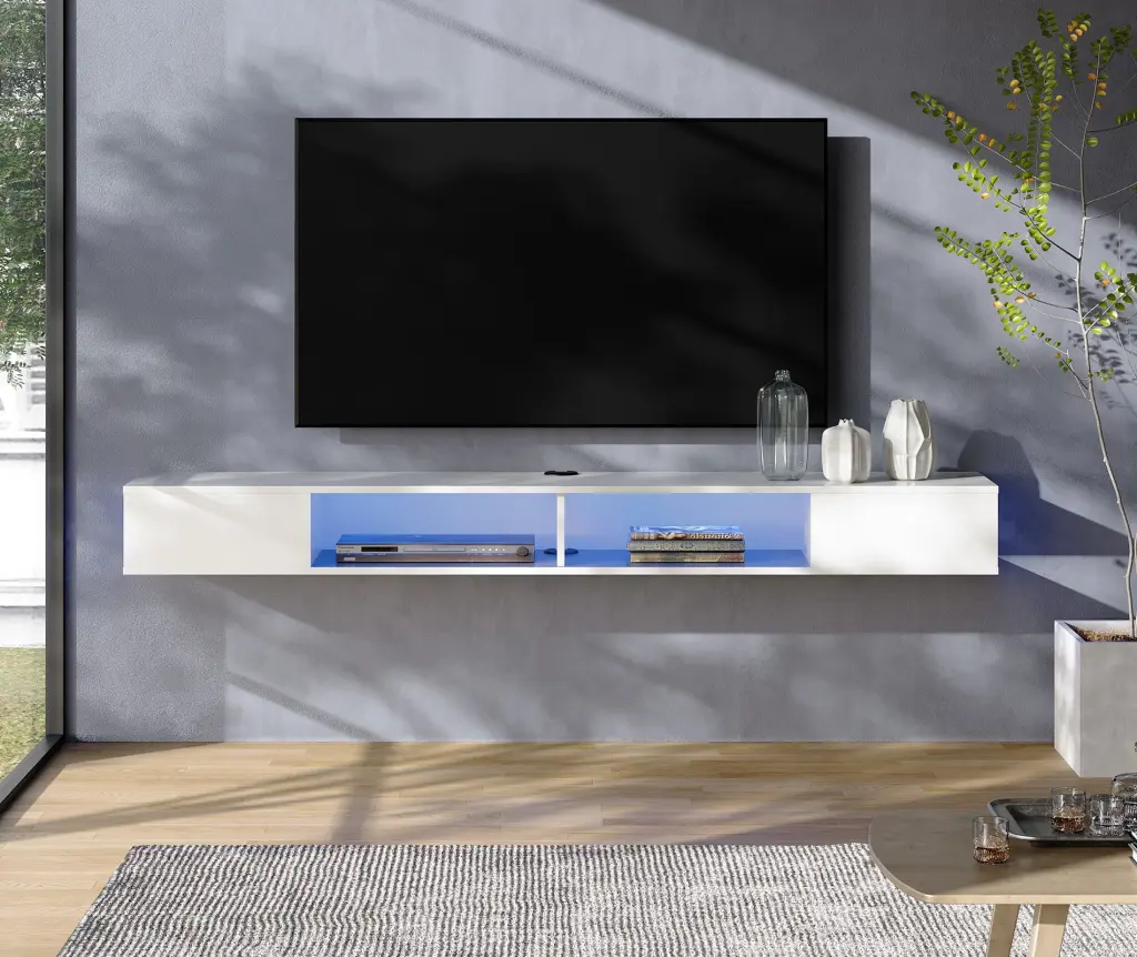 WAMPAT 70 Inch Floating TV Stand Wall Mounted Blue Light White Entertainment Center Shelf 75 Inch TV