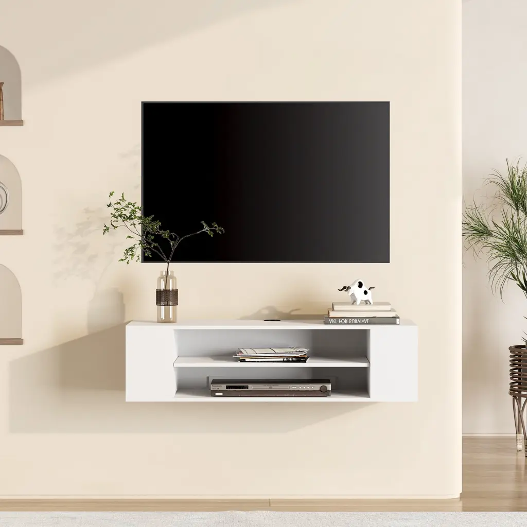 White Floating TV Stand Wall Mounted 39.3 Inch Modern Media Storage Shelves Wampat