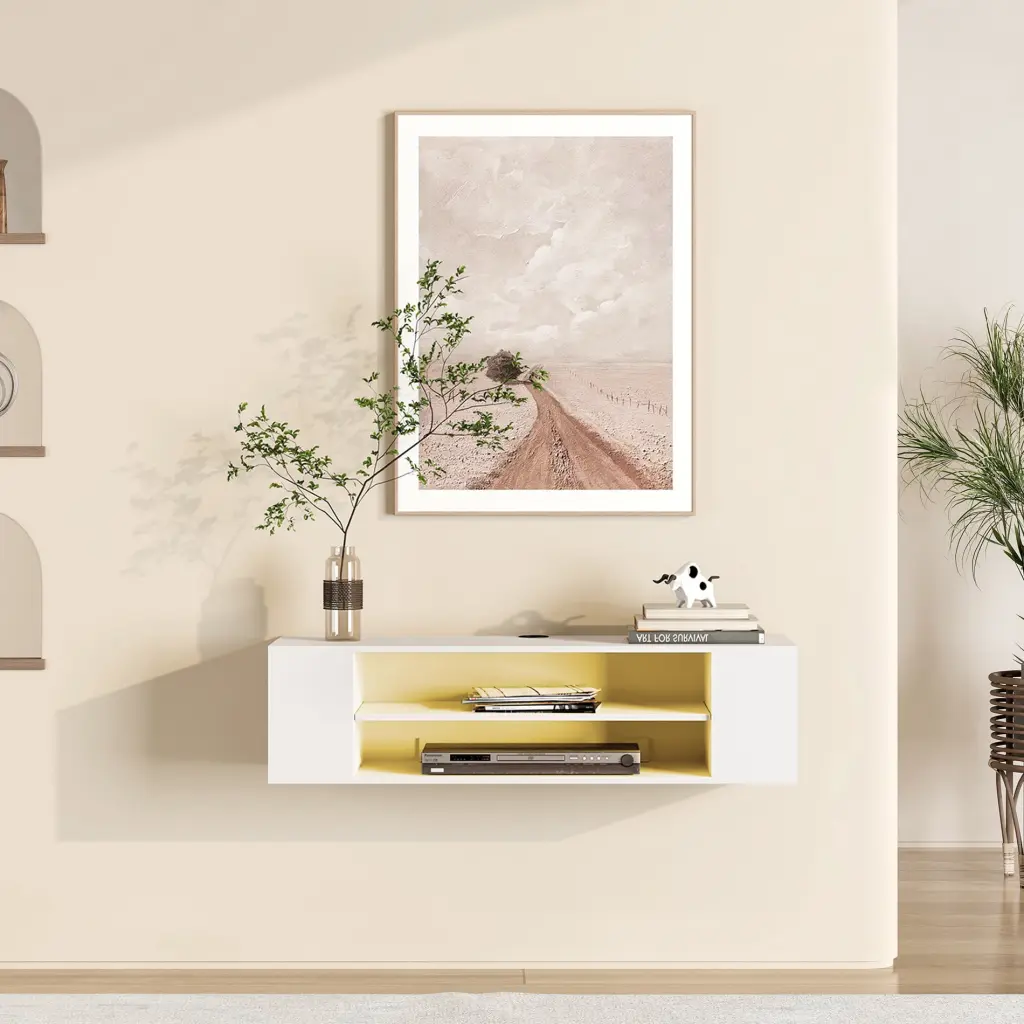 Yellow Light Floating TV Stand Wall Mounted Modern Media Storage Shelves White 39.3 Inch Wampat