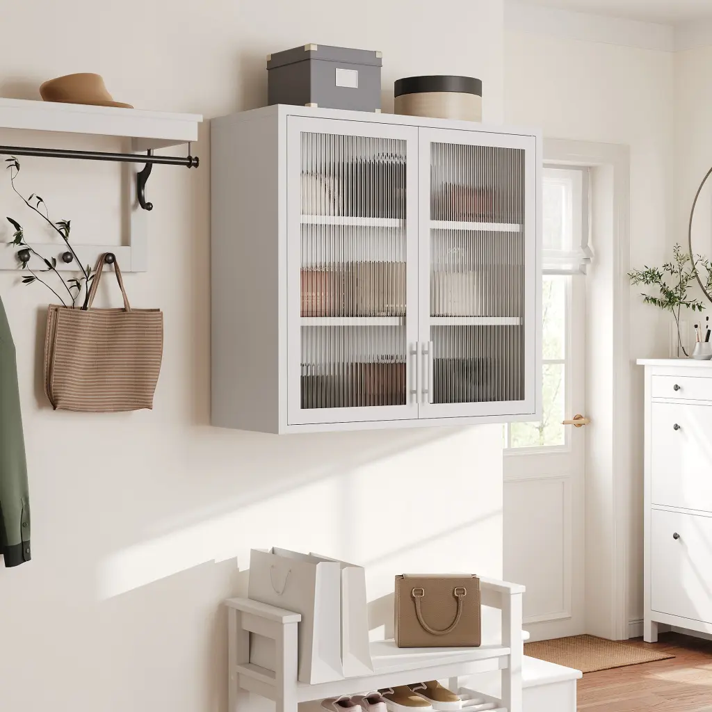 Retro Style Wall Mounted Cabinet Table Top Storage Cabinet Hazy Glass - Vintage Display Cabinet rnb