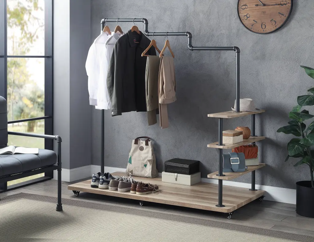 Oak and Sandy Grey 4 Shelf Hanger Rack Quality Horizontal Primitive Storage Shelf furniture max