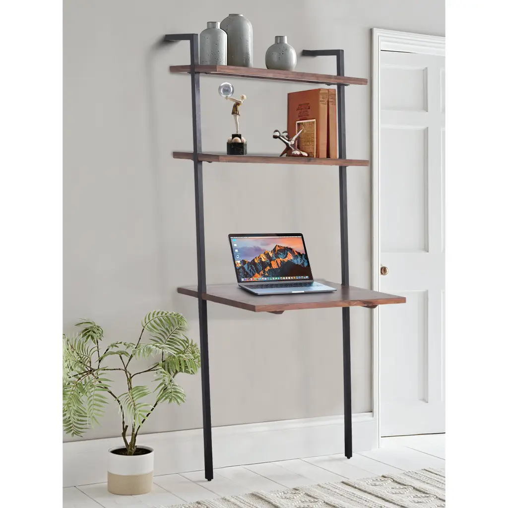 Industrial 3 Tier Mango Timber Ladder Storage Wall Shelf Tubular Frame royal hampton
