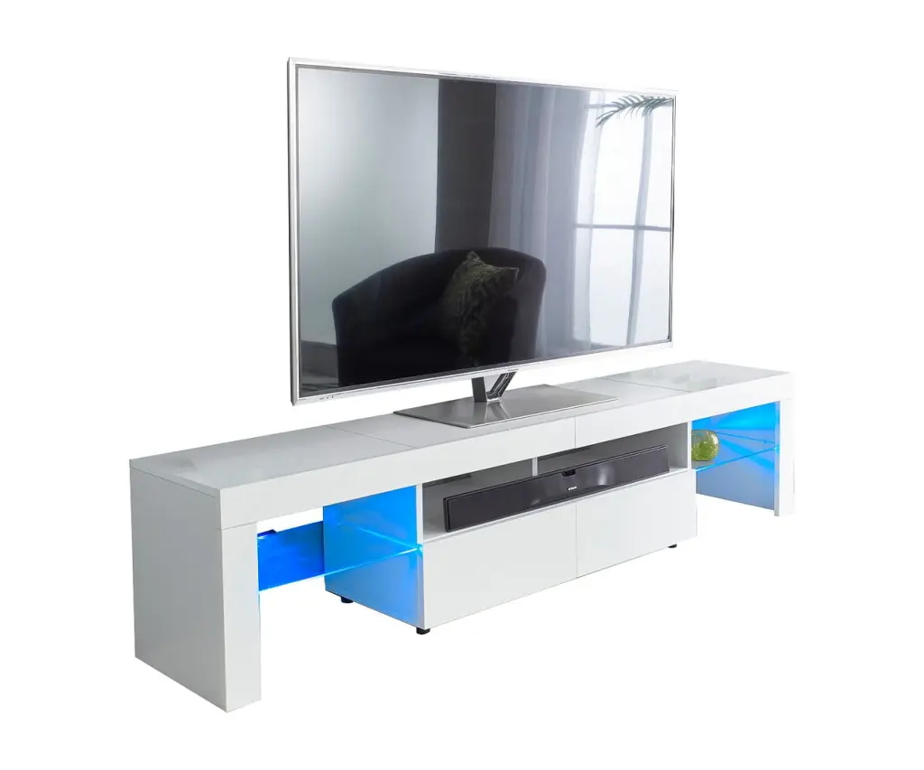 MMT Furniture 200cm Wide TV Stand Cabinet LED Lights White Gloss