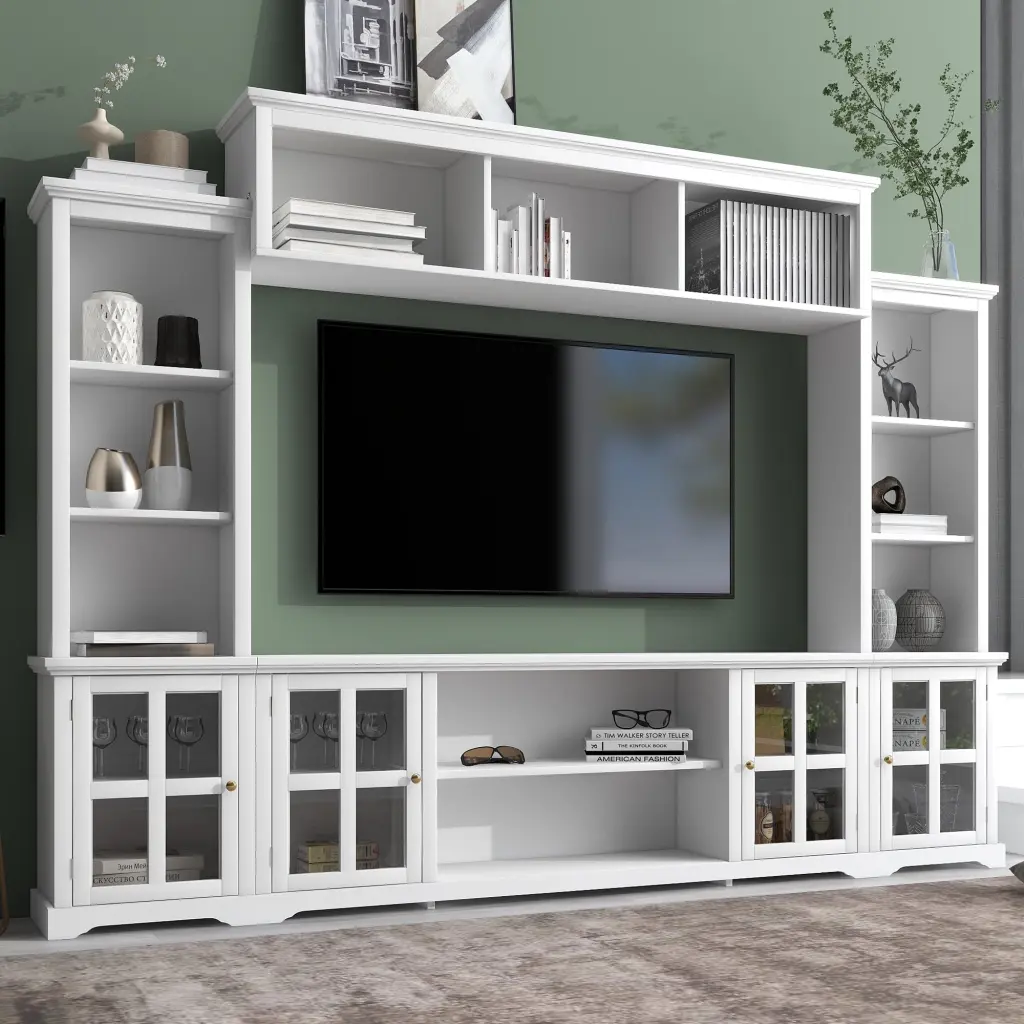 ON-TREND Minimalism Entertainment Wall Unit Bridge Modern TV Console Table TVs Up to 70 Multifunctional TV Stand Tempered ...