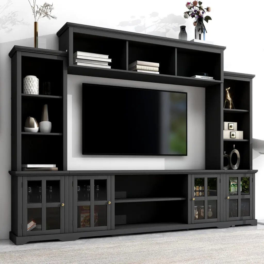 ON-TREND Minimalism Entertainment Wall Unit Bridge Modern TV Console Table TVs Up to 70 Multifunctional TV Stand Tempered ...