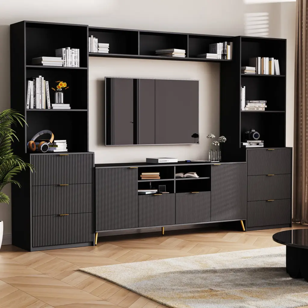 U-Can 4-Piece Entertainment Wall Unit 13 Shelves 8 Drawers and 2 Cabinets Multifunctional TV Stand Media Storage Cabinet F...