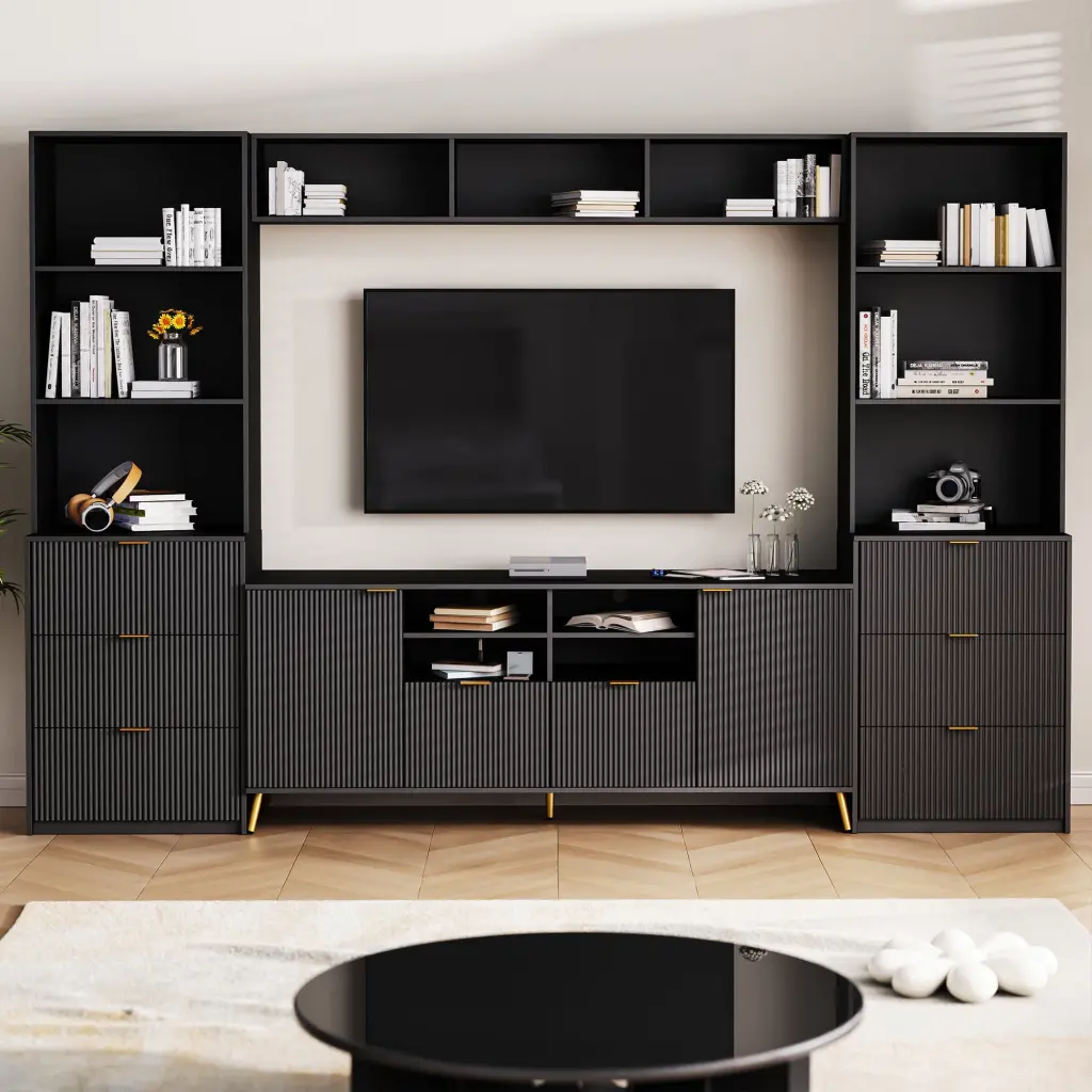4-Piece Entertainment Wall Unit 13 Shelves 8 Drawers and 2 Cabinets TVs Up to 70 Viruhaka