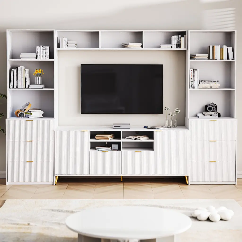 4-Piece Entertainment Wall Unit 13 Shelves 8 Drawers and 2 Cabinets TVs Up to 70 Viruhaka