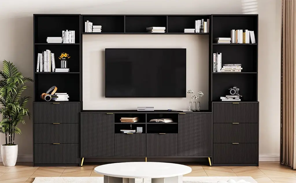 4-Piece Entertainment Wall Unit 13 Shelves 8 Drawers and 2 Cabinets TVs Up to 70 Inches Viwebaily