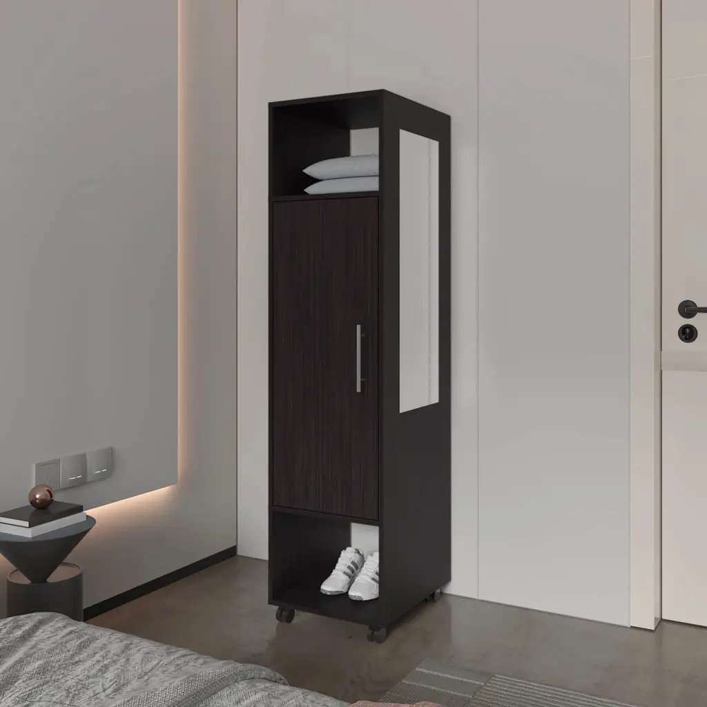 Black 1 Door Wardrobe Mirror And Open Storage Particle Board Closet furniture max