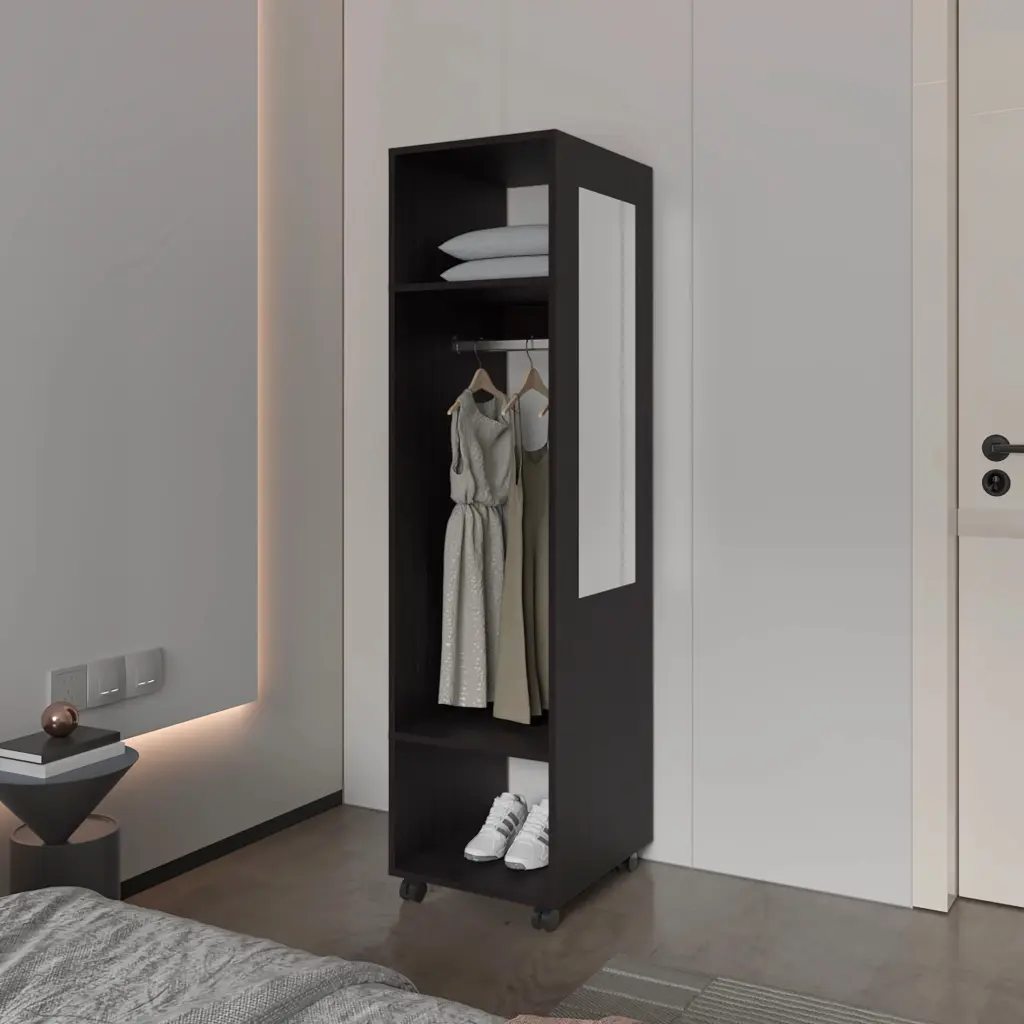 Black 3 Shelf Wardrobe Mirror And Open Storage Particle Board Closet furniture max